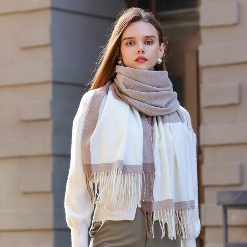 여성용 겨울 격자 무늬 스카프, 부드럽고 우아한 캐시미어 숄, 두꺼운 따뜻한 프린지 스카프, 파시미나