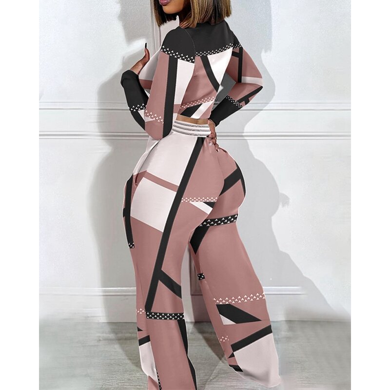 Set pakaian dua potong wanita, kasual atasan crop lengan panjang motif blok warna geometris pinggang tinggi