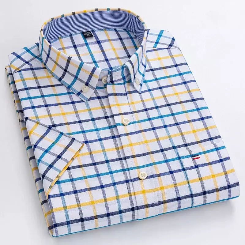 Men's high-quality Oxford cotton short sleeved shirt for summer comfort breathable classic solid color plaid business leisure
