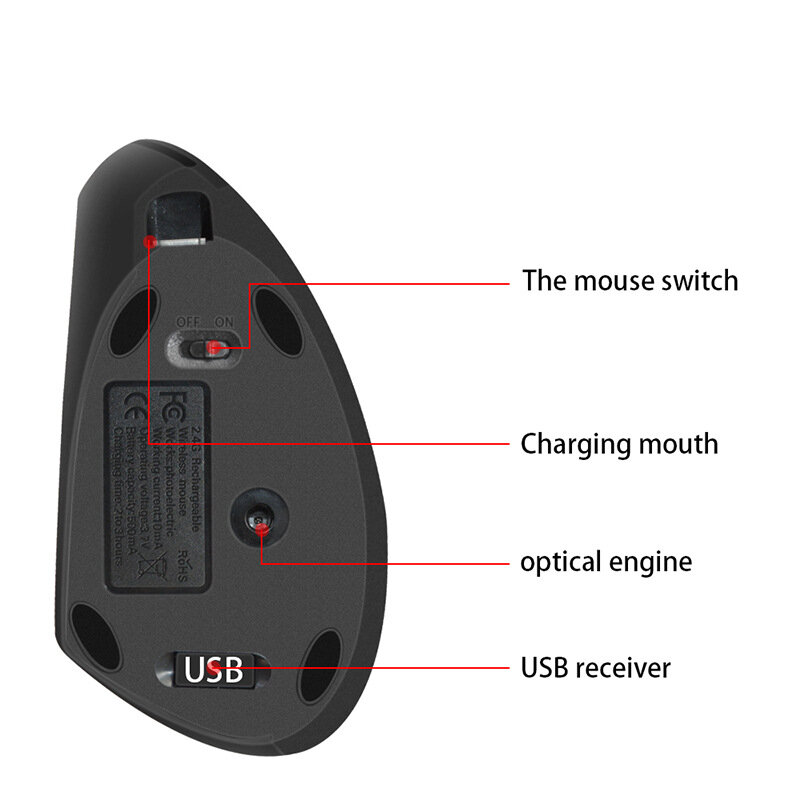 RYRA Mouse Vertikal Ergonomis 2.4G Nirkabel Tangan Kiri Komputer 6 Tombol 1600 DPI Mouse USB Optik Mouse Gamer Mause untuk Lapto