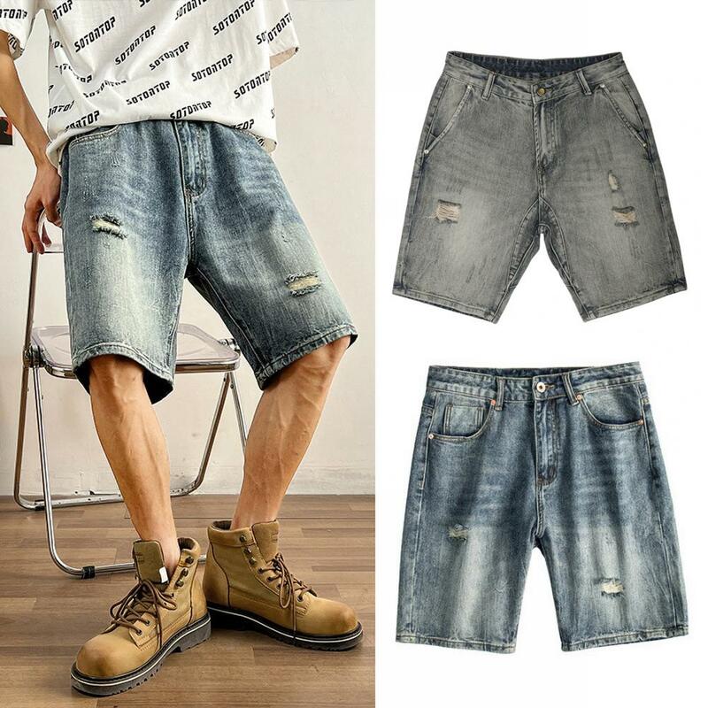 Shorts jeans de cor sólida masculino, perna reta, bolsos múltiplos, buracos rasgados, design elegante, jeans casual