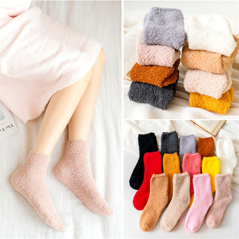 Kaus kaki termal wanita warna polos, kaus kaki tidur lantai tetap hangat tebal musim gugur musim dingin salju untuk wanita
