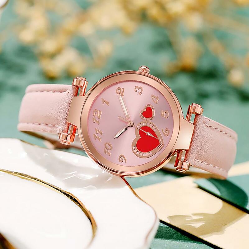 Women Watch Accurate Heart Dial Plate Wrist Watch Anti-Scratch Faux Leather Girls Casual Wristwatch For Travel