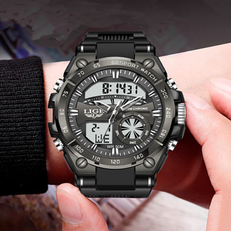 LIGE Moda Top Marca Sports Dual Display Relógio Para Homens 50M À Prova D' Água De Quartzo Relógios Militares Despertador Relogios Masculino