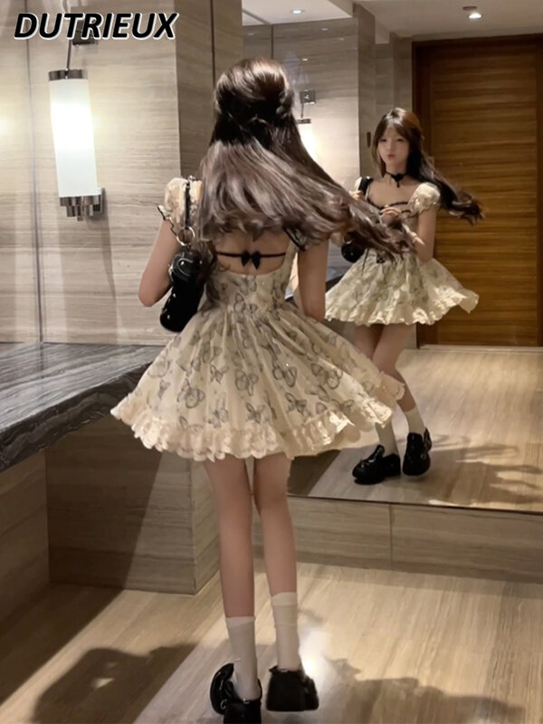 Милое Платье с квадратным воротником и пышными рукавами, женские небольшие сексуальные короткие платья с открытой спиной для девушек