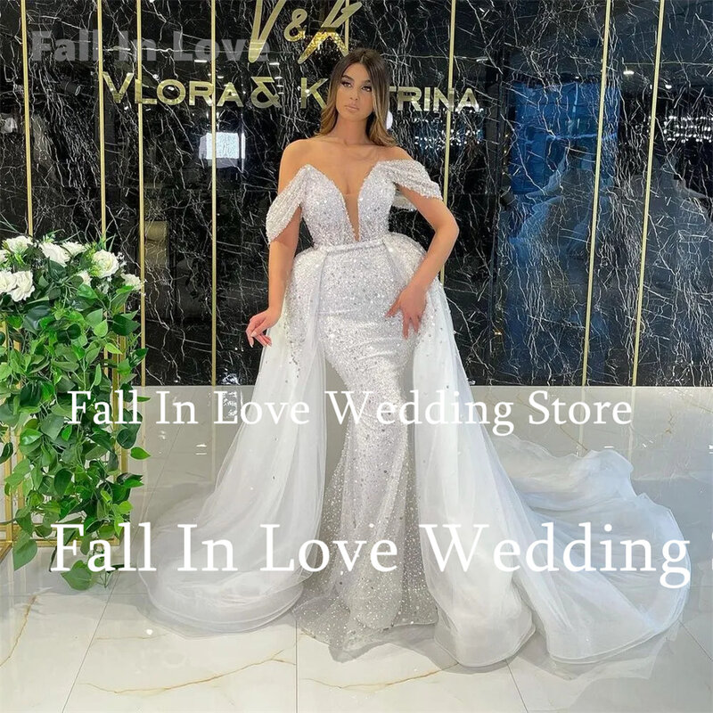 Gaun pernikahan payet gemerlap mewah musim gugur untuk wanita gaun pengantin kereta lepas pasang Panjang menyentuh lantai gaun pengantin baru 2024