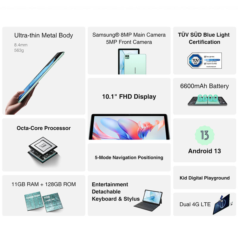 แท็บเล็ต T10S 10.1 "FHD TÜV süd ไฟสีฟ้าได้รับการรับรองด้วย L1รองรับ6GB + 128GB Android 13 6600mAh
