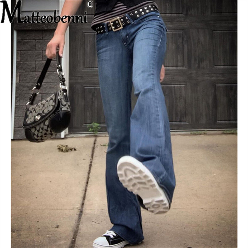 Casual Flare Jeans donna Vintage Denim pantaloni donna Sexy vita alta moda Stretch tasca pantaloni Jeans gamba larga Streetwear