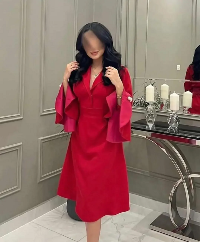 Suknie balowe Arabii Saudyjskiej z długim rękawem w szpic czerwone wieczorowe suknie guziki do herbaty damskie formalne sukienki na wyjątkowe okazje