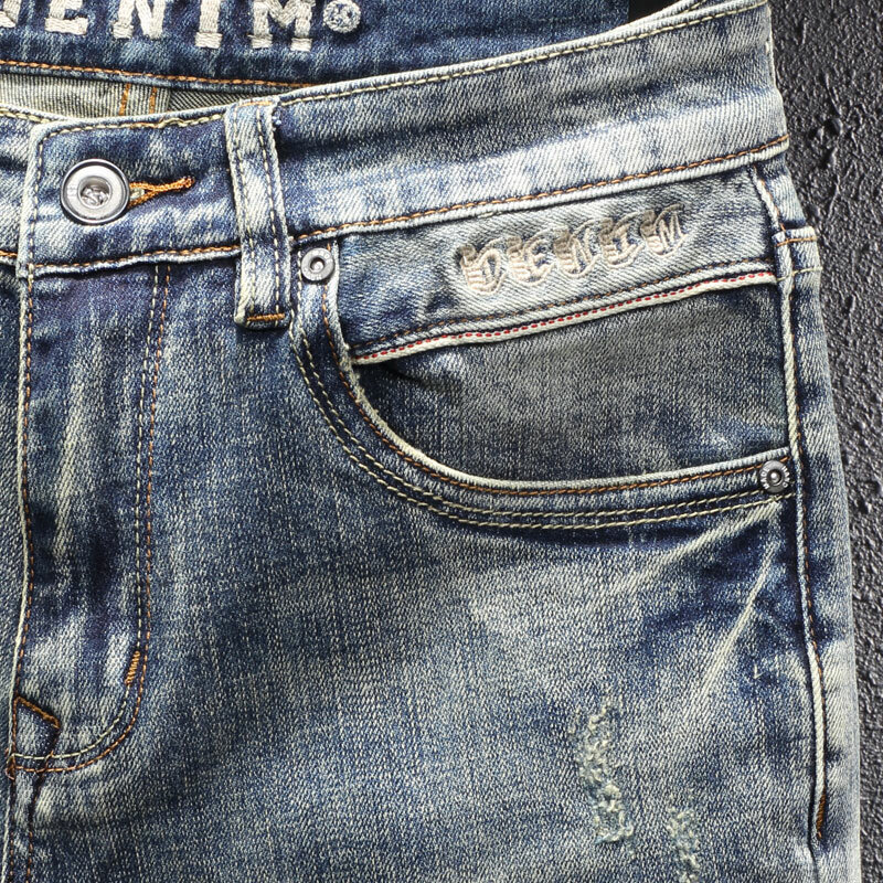 Pantalones vaqueros rasgados elásticos para Hombre, Jeans de diseño de moda, Retro, negro, azul