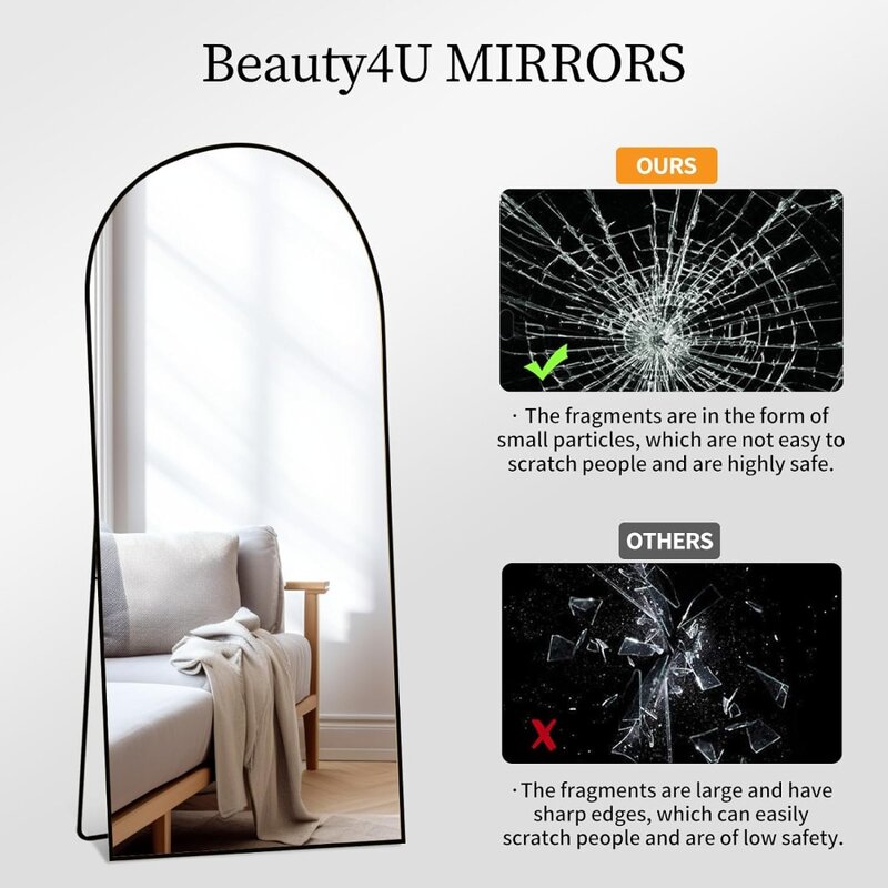 아치형 전체 길이 거울 바닥 거울, 벽걸이 형 드레싱 거울, 블랙 알루미늄 합금 프레임, 침실