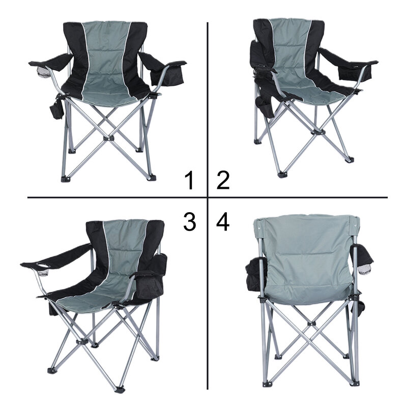 Comfortable YSSOA Grey Camping Folding Chair with Side Cooler Bag, Cup Holder, and Heavy Duty Steel Frame - Fully Padded Quad Ar