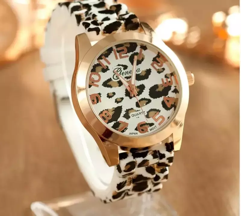 Geneva Leopard Printシリコンクォーツ時計、カジュアルな学生用時計、色、新しいファッション、2024
