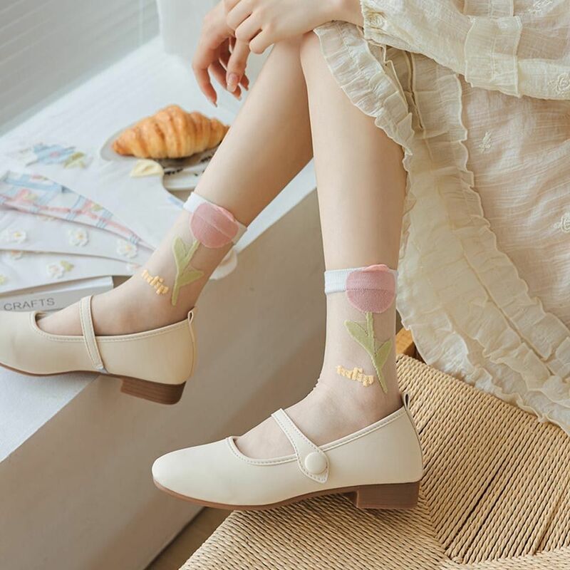 Women Thin Soft Socks Summer Korean Style Hosiery Y2K Harajuku Flower Calf Socks Wearproof Refreshing Transparent Socks