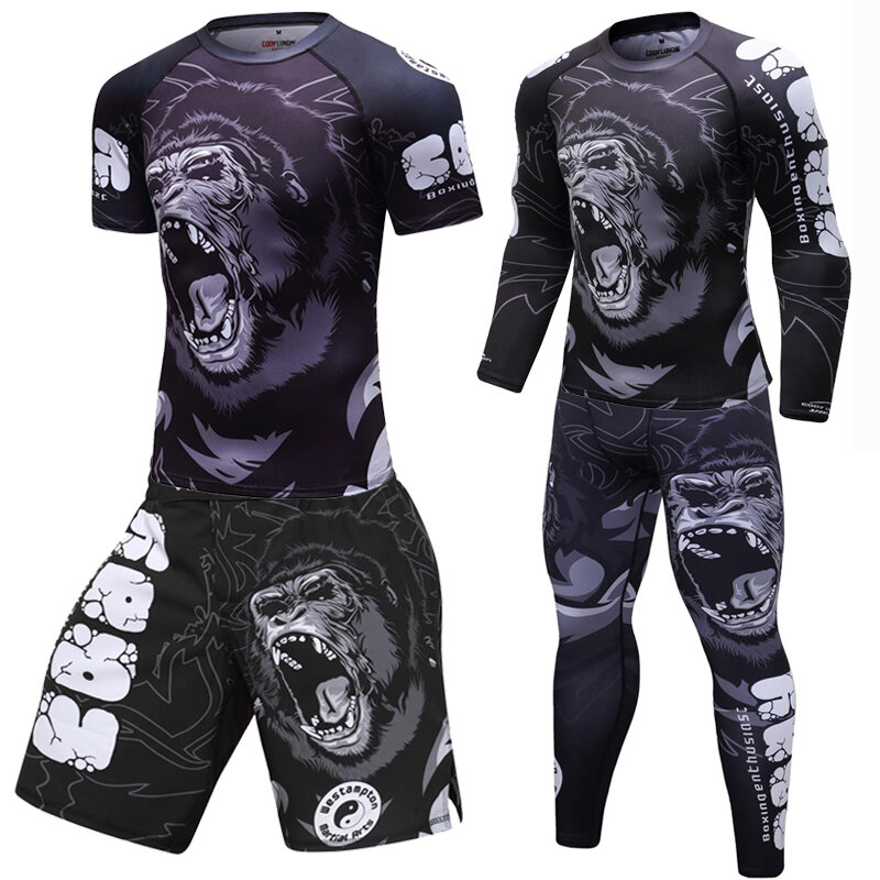 New Men Boxing Set Compression Jersey Pants 3D Orangutan Print Rashguard Kickboxing Tight T-shirts Pants Muay Thai MMA Fightwear