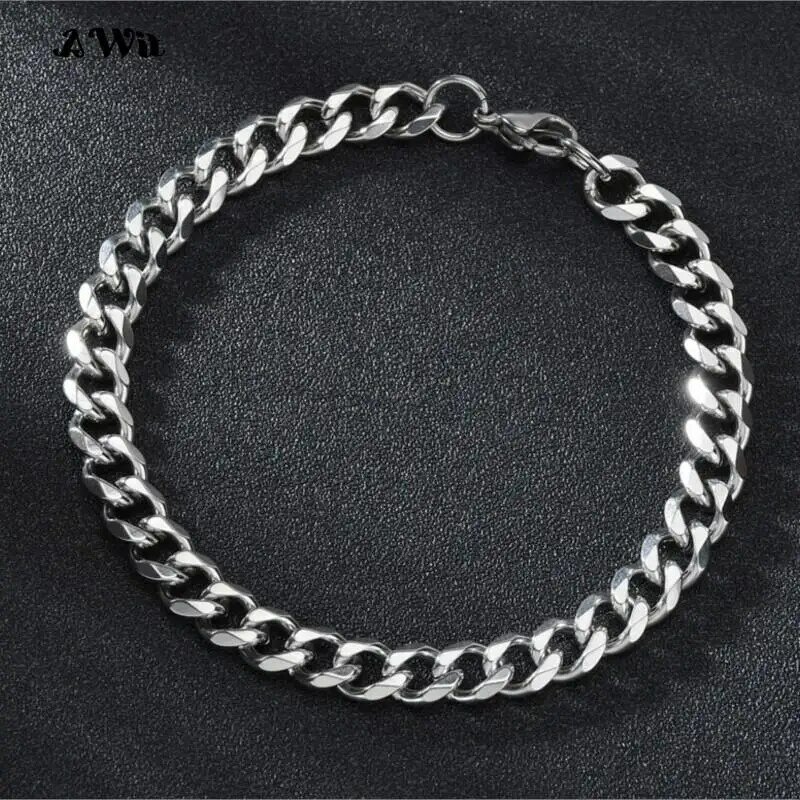 Awit Mens Simple 3-11mm Stainless Steel Curb Cuban Link Chain Bracelets for Women Unisex Wrist Jewelry Gifts
