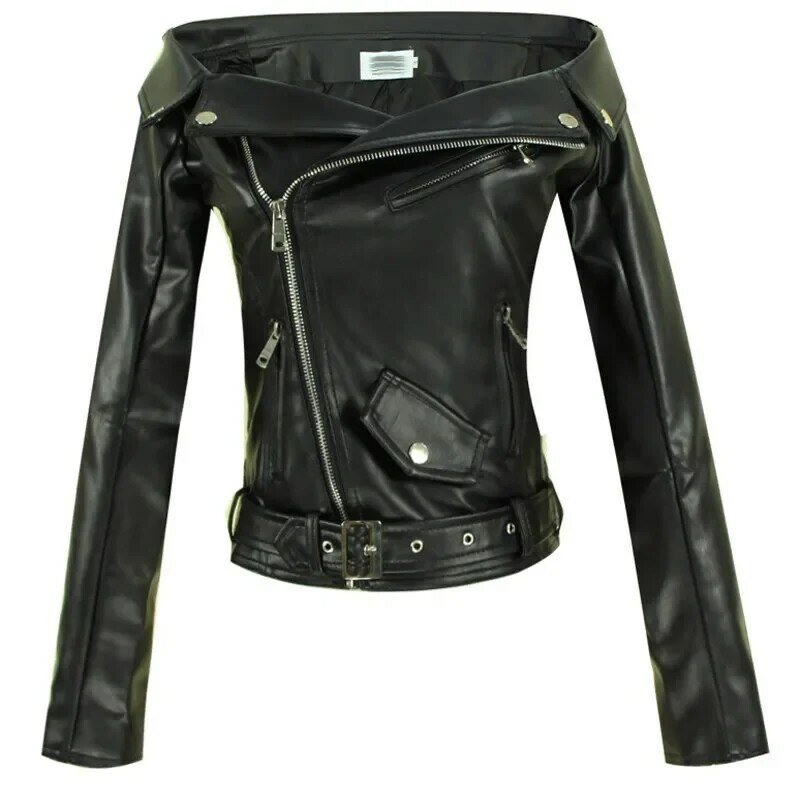 女性のための合成皮革の春のジャケット,非対称の裸の肩を持つ黒いオートバイのジャケット,z009,2022