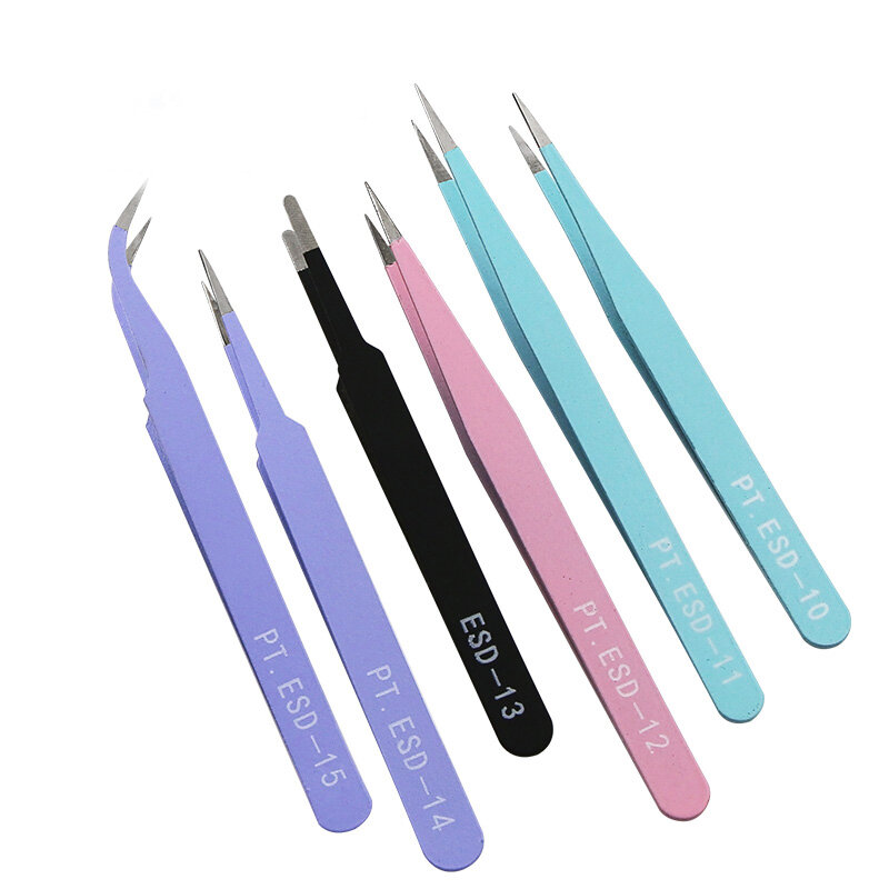 6PCs ESD Anti-Static Stainless Steel Tweezers Precision Maintenance Industrial Repair Curved Tool Home Working Model Making Hand