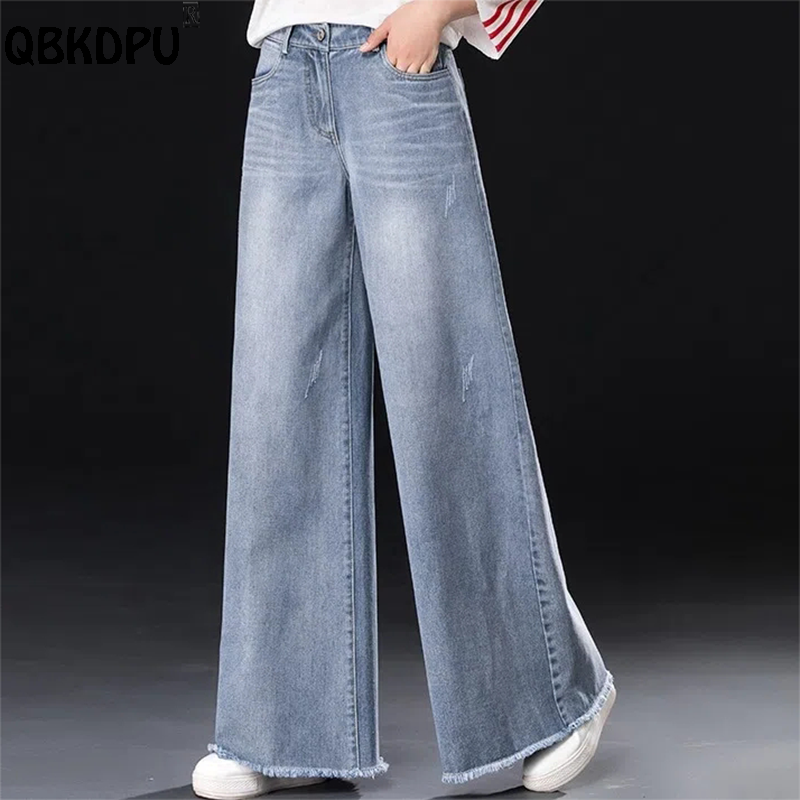Lässig gebleichte Jeans mit weitem Bein Frauen hohe Taille übergroße 34 Baggy Denim Hose koreanische Mode Quasten lose gerade Vaqueros