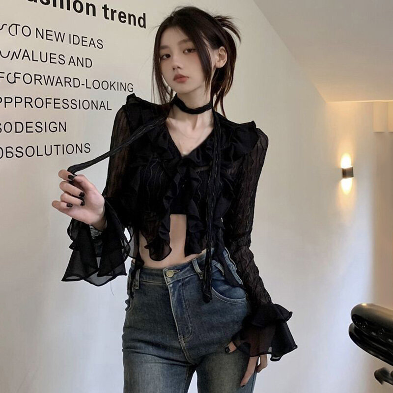 Women Lace Blouses  Y2k Crop Top Sexy Gothic GrungeFemale Shirts Elegant Black Transparent Cardigan Korean Streetwear
