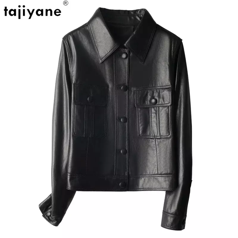 Tajiyane-jaqueta de couro genuíno feminino, casaco de pele de carneiro real, casaco curto, estilo coreano, nova moda, 2023
