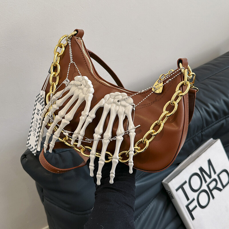 Bolso de hombro con cadena gruesa dorada para mujer, bandolera con diseño de hueso, Punk, Hobo, Primavera, 2024