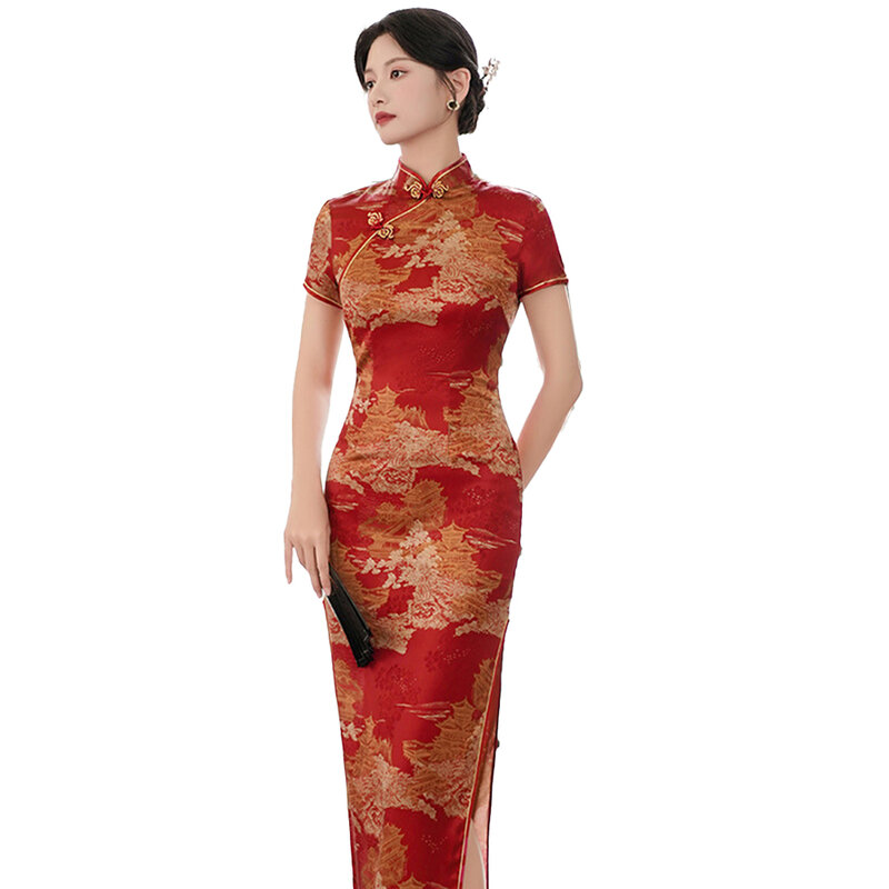 شيونغسام صيني برقبة على شكل V فريد للنساء ، فستان حفلات عتيق فريد ، طويل ، جميل ، جيد التهوية