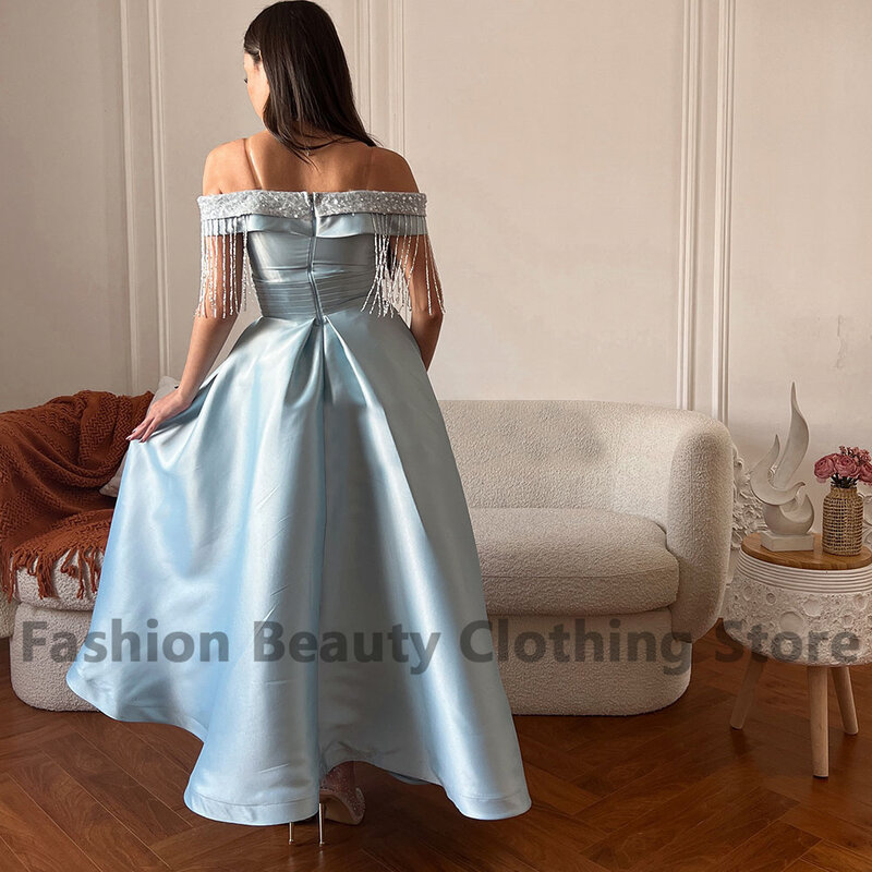 Gaun Prom Satin mewah tanpa bahu dengan payet rumbai tirai 2023 gaun malam elegan ritsleting belakang A-Line untuk wanita