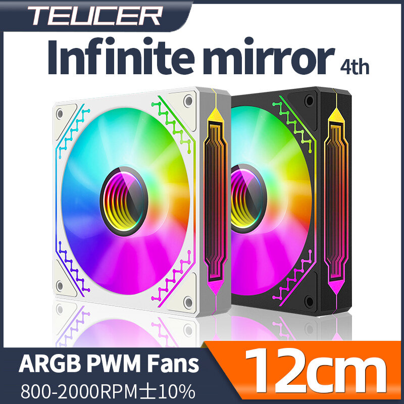 Teucer-Ventilador silencioso Infinite Mirror 4th White, 120mm, 12V, PWM, ARGB, 5V, 3 pines, efecto de iluminación estéreo, Ventilador de chasis de inversión ARGB