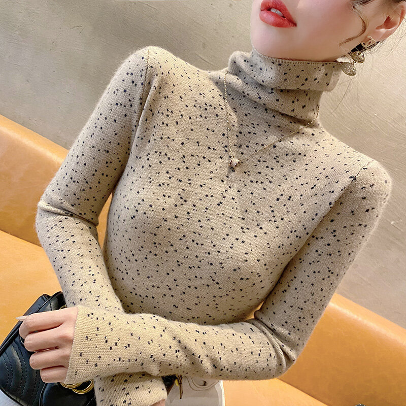Jesienno-zimowy damski sweter z golfem ciepły sweter w kropki Slim, czarny dzianinowe swetry Khaki dla kobiet 2023 biurowa, damska topy
