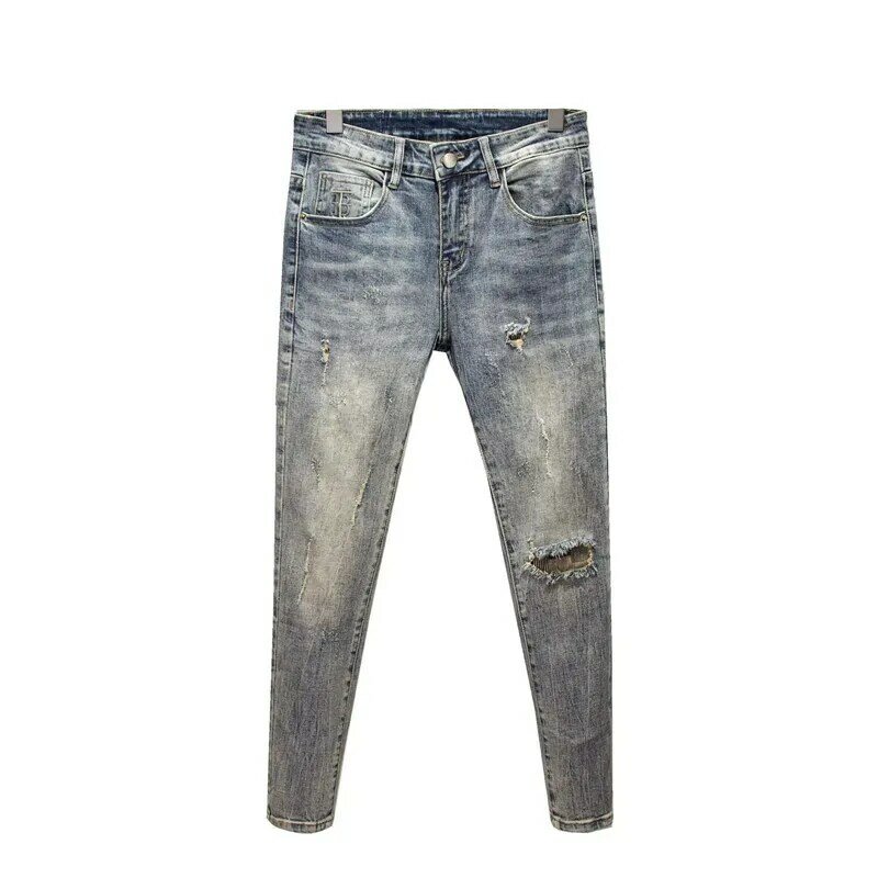 Jeans retrô azul lavado e magro masculino com buracos rasgados angustiados, calça jeans casual justa, roupa de luxo, nova, primavera, outono