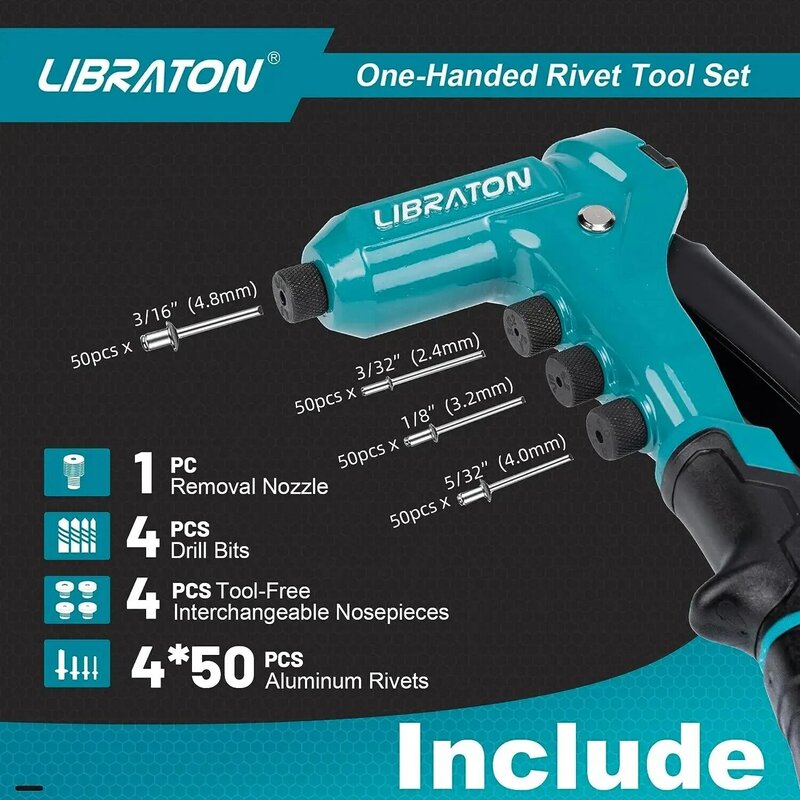 Libraton One-Handed Rivet Gun, Pop Rivet Gun Set, Professional Hand Riveter, Manual Riveting Tool with 200 Rivets for Metal