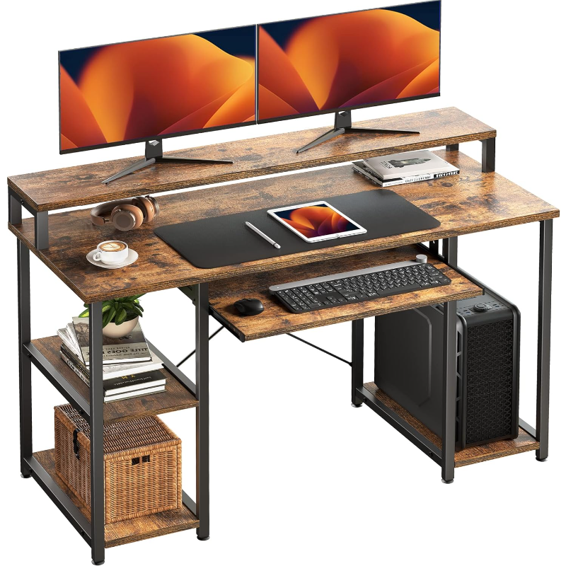 Biurko komputerowe NOBLEWELL z regały magazynowe, 47-calowa biurko do pracy w domu z podstawa monitora, stół do pisania z biurkiem