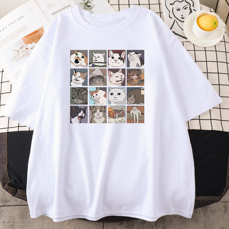 Meme Cats 퍼즐 창의력 프린트 남성 티셔츠, 통기성 재미있는 의류, 오버사이즈 캐주얼 면 탑, 반팔, 해변