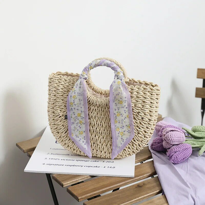 New Summer Purple Straw Woven Bag Seaside Holiday Beach Drawstring Straw Bag Female Portable Flower Silk Scarf Picnic Basket Bag
