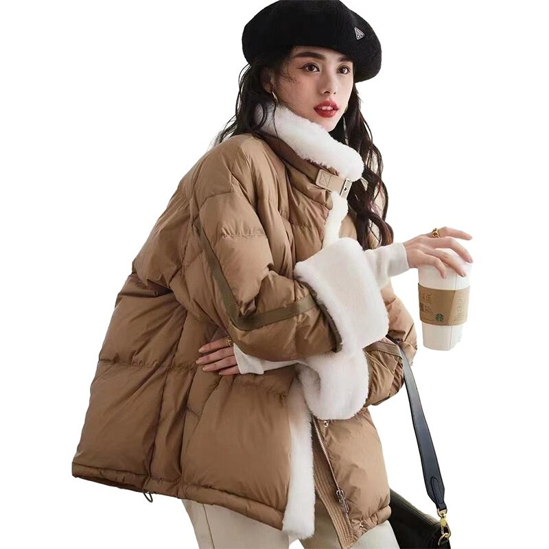 Женский пуховик на белом утином пуху, винтажная верхняя одежда, высококачественный теплый топ из овечьей шерсти на осень и зиму, Свободное пальто с воротником-стойкой