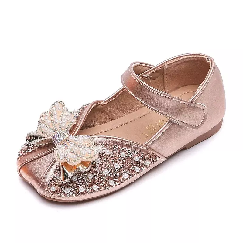 Children's Leather Shoes Girls’ Princess Shoes for Party Kids Elegant Flats Wedding Soft Bottom Fashion Bling Rhinestone Pearl