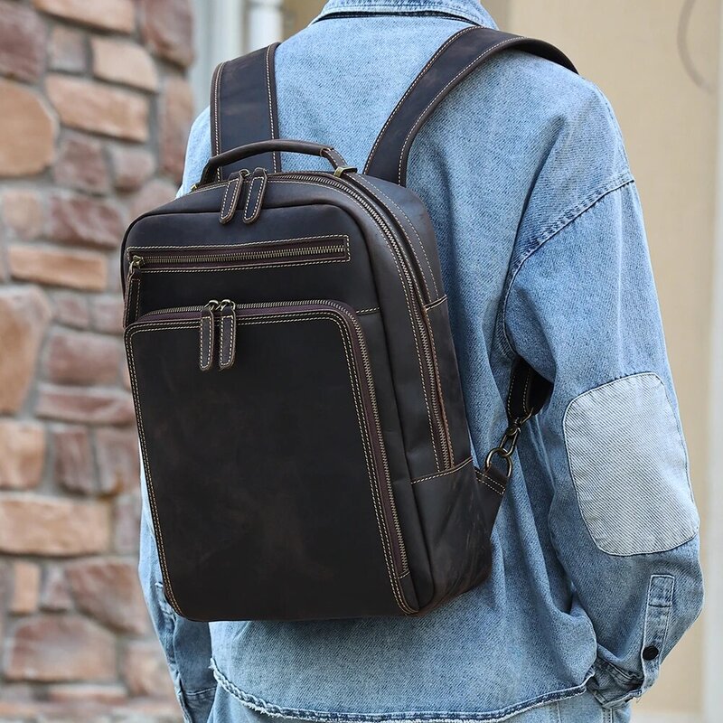 Рюкзак мужской из натуральной кожи, ранец для ноутбука 15,6 дюйма, вместительный школьный деловой рюкзак, винтажная дорожная сумка