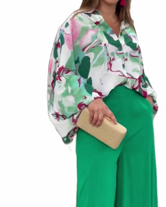 ชุดเสื้อ2ชิ้นสำหรับผู้หญิง, เสื้อพิมพ์ลายโบโฮทรงหลวมลำลอง + ชุดกางเกงขาม้าใส่ไปทำงานฤดูร้อน