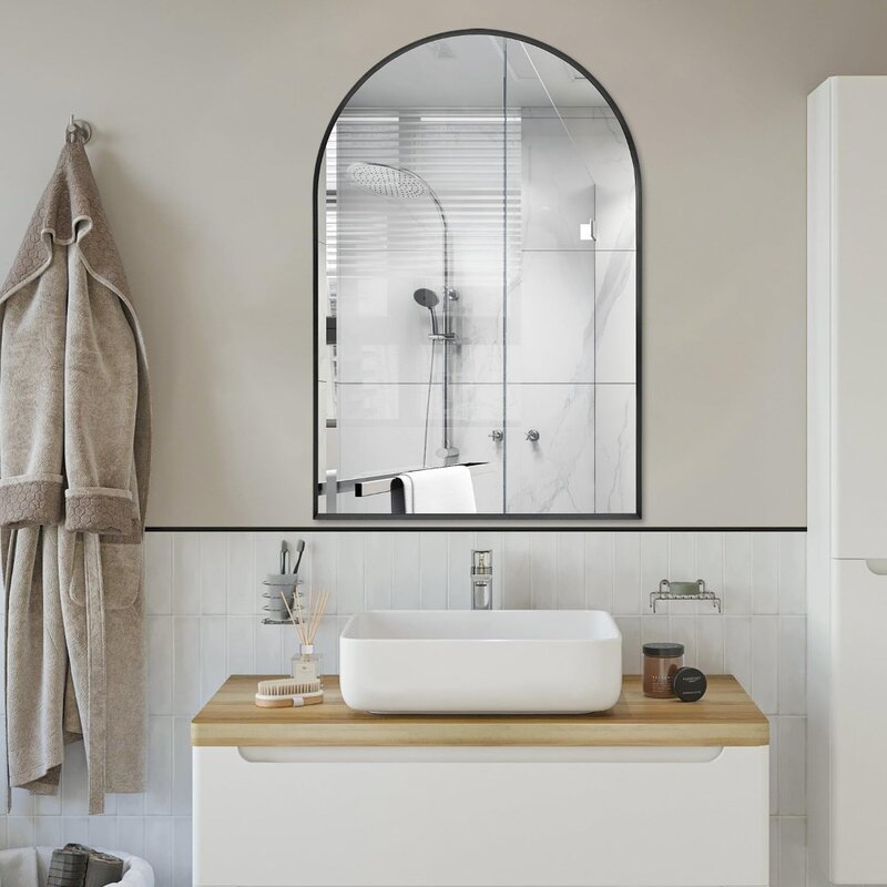Espejo de pared arqueado para baño, marco de Metal moderno negro para entrada, sala de estar, dormitorio, decoración de pared, 20 "x 30"