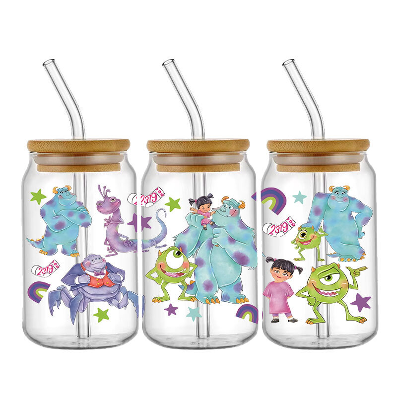 Pegatinas impermeables de Disney Monsters, envolturas de tazas, pegatinas de vidrio, impermeable, UV, DTF, DIY, personalizado