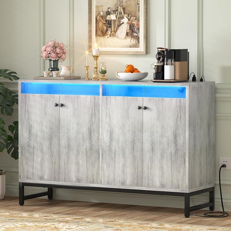 Sideboard Buffet Cabinet with Power Outlet, Kitchen Storage Cabinet with LED Light & Doors, Accent Cabinet Cupboard Buffet Table