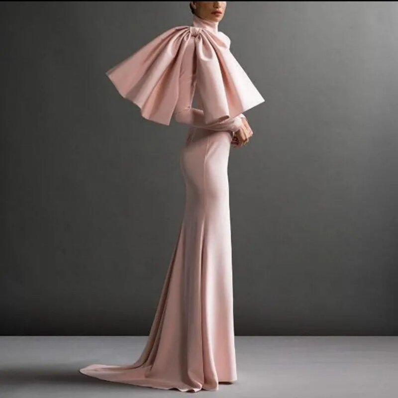 Gaun Formal leher tinggi sederhana, lengan panjang putri duyung ramping gaun pesta Prom gaun panjang pita kupu-kupu gaun malam baru 2024