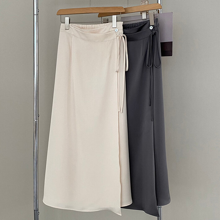 Summer New Feminine Medium Length Skirts High Quality Satin Finish Elastic Waist Side tie Office Lady A-Line Solid Cozy Vestidos