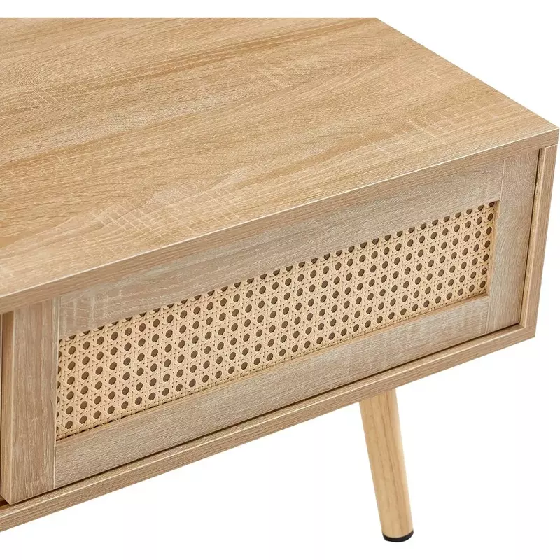 Couch tisch modernes Rattan mit Schiebetüren zur Aufbewahrung, moderner rechteckiger Massivholz-Couch tisch für Wohnzimmer