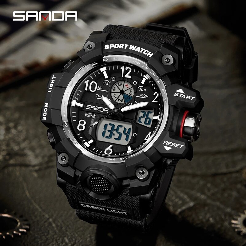Sanda marca de luxo relógios masculinos 50m à prova dwaterproof água esportes militar relógio digital quartzo relógio de pulso para masculino relogio masculino 3169