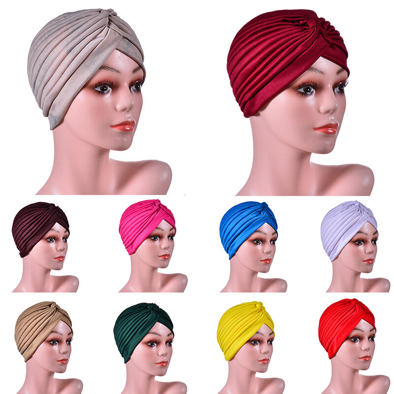 Turban Hat For Women Headband Pleated Muslim Hijab Caps Comfortable Cotton Bandana Female Hijabs Head Wrap Beanie India Caps