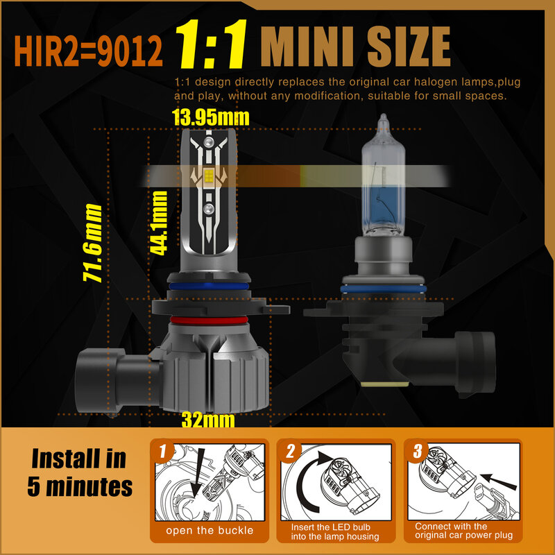 2x lampu depan LED HIR2 CANbus ไม่มีข้อผิดพลาด9012หลอดไฟรถยนต์กำลังสูง6000K โคมไฟไดโอดแสงสีขาว12V 55W สำหรับ Toyota AURIS 2012 ~ 2018