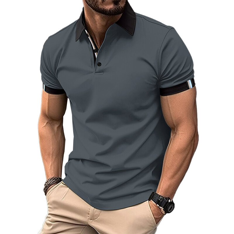 Brand New Tops Shirt Slim Fit Black T Shirt Blouse Tee Buttons Tops Casual White Collar Grey M-2XL Mens Muscle