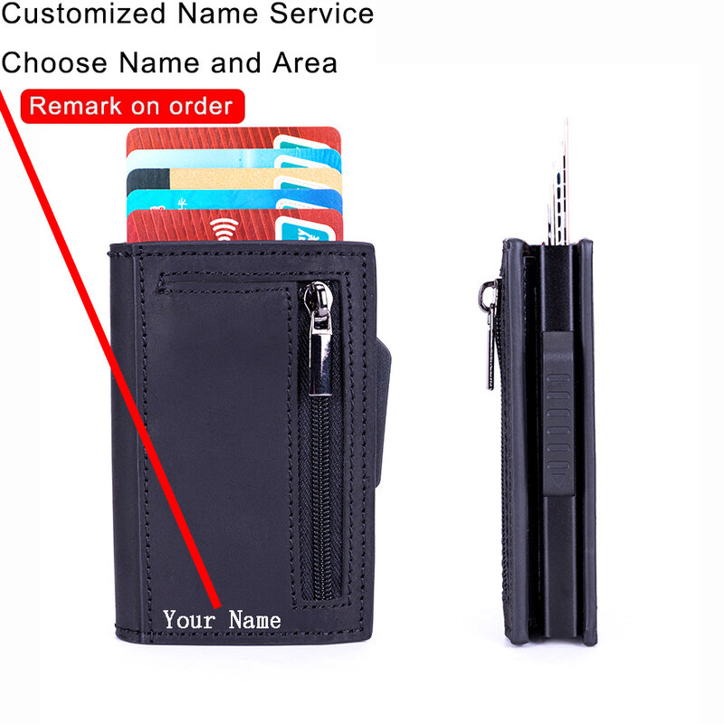Custom Engraving Wallet Men Credit Card Holder RFID Blocking Anti-thief Leather Purse Card Wallet with ID Window Coin Pocket Bag